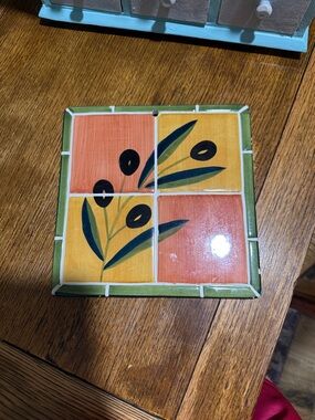 Hand-Painted Ceramic Tile Trivet in Orange, Yellow & Green